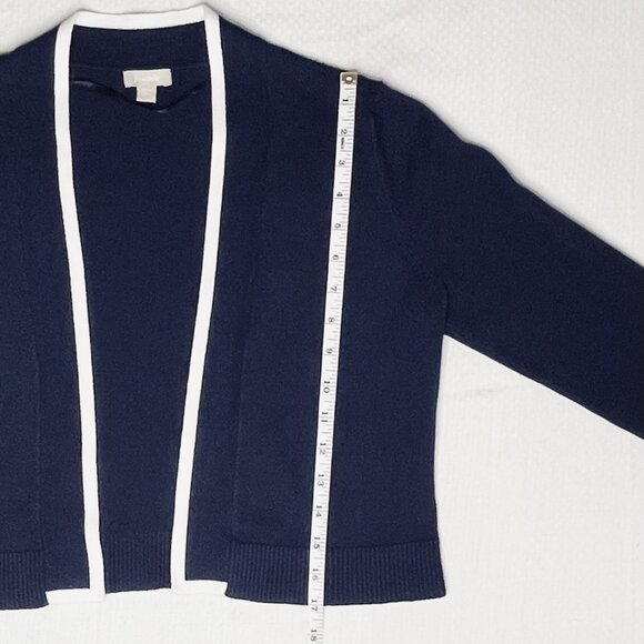 Pointelle Navy Cropped Open-Front Cardigan with White Trim | Size Medium - Picture 6 of 7